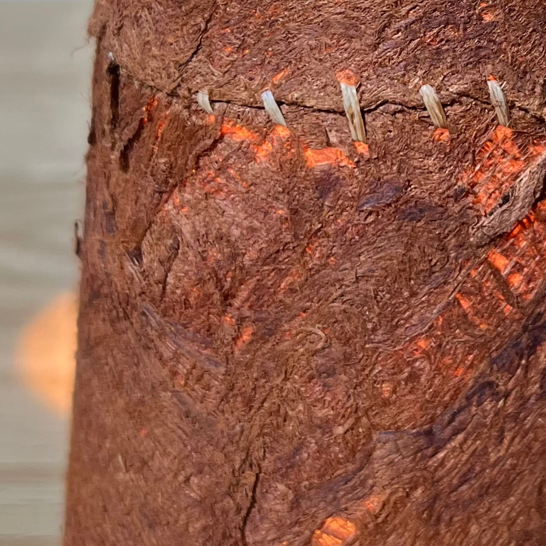 Gros plan sur une lampe de table en écorce d'arbre terracotta