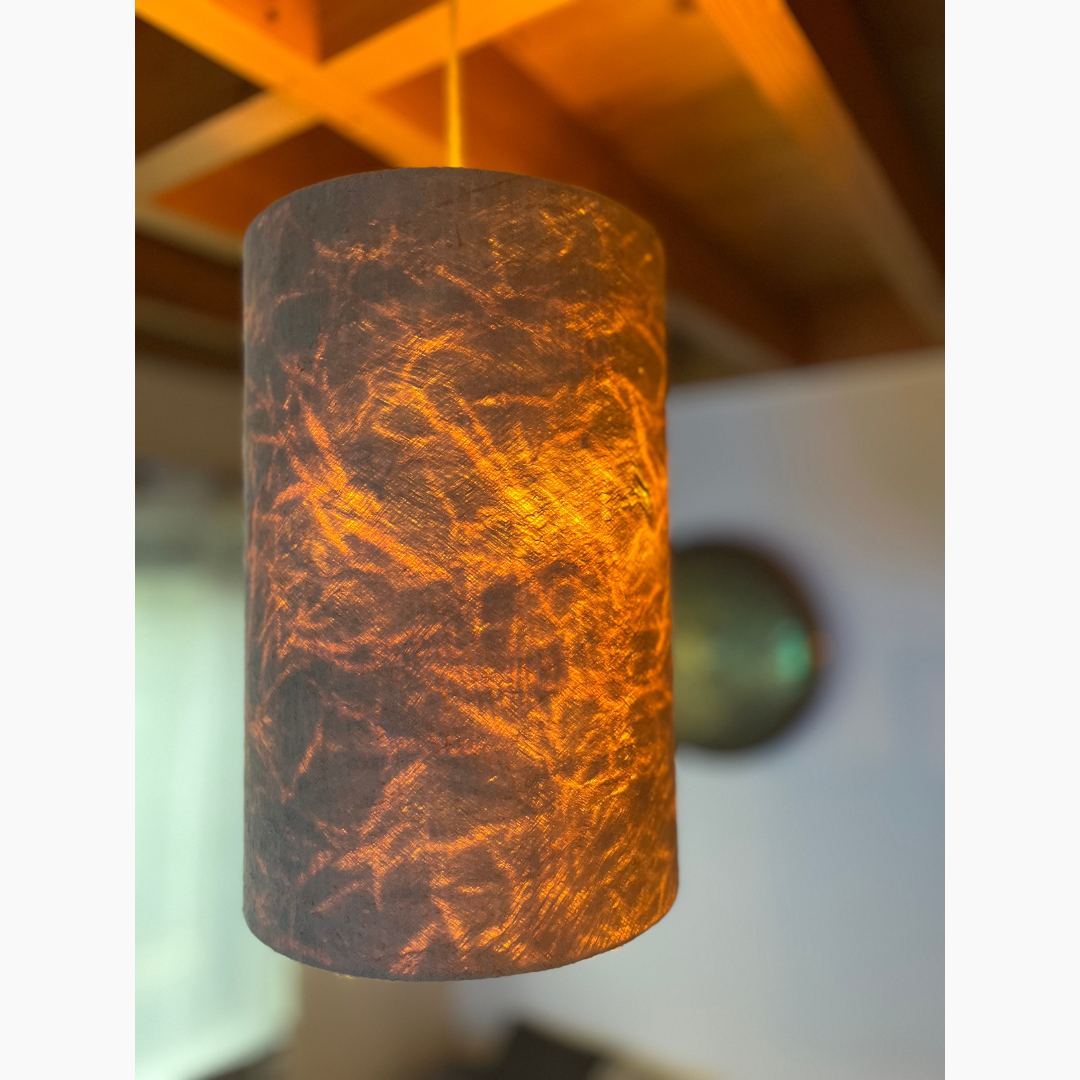 Suspension avec des reflets illuminés en écorce d'arbre blanche, dans un salon d'une maison en bois